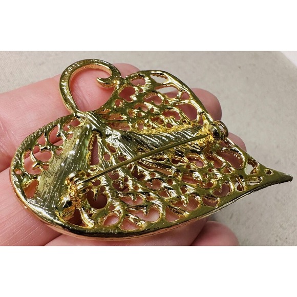 Vintage Rhinestone And Gold Heart Shape Leaf Brooch Jewelry Costume Jewelry - Picture 2 of 6